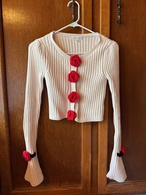 For Love and Lemons Ivory Ribbed Cropped Cardigan with Red Rose Buttons XS